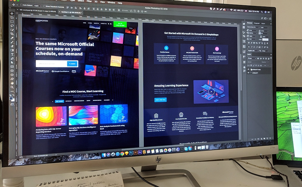 Wordpress designer freelance about page image_Landing Page UI in Photoshop on an HP Monitor