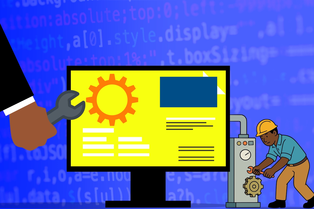 Website Maintenance Service featured image_ Illustration of a handy man repairing a website with tools