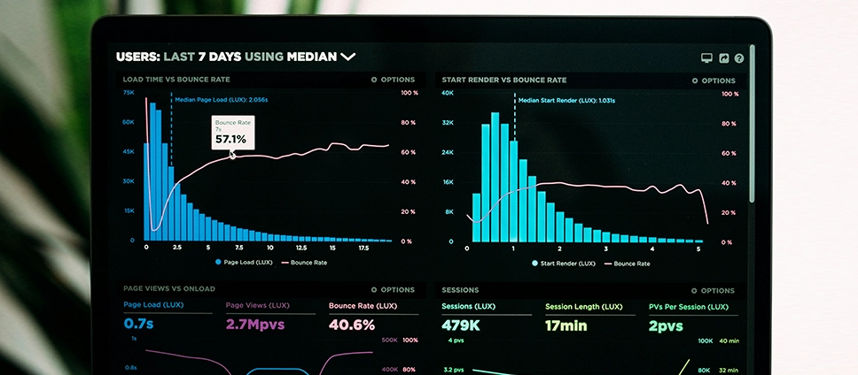 WordPress Speed Optimization image_a dark mode dashboard set up showing a variety of website widget parameters