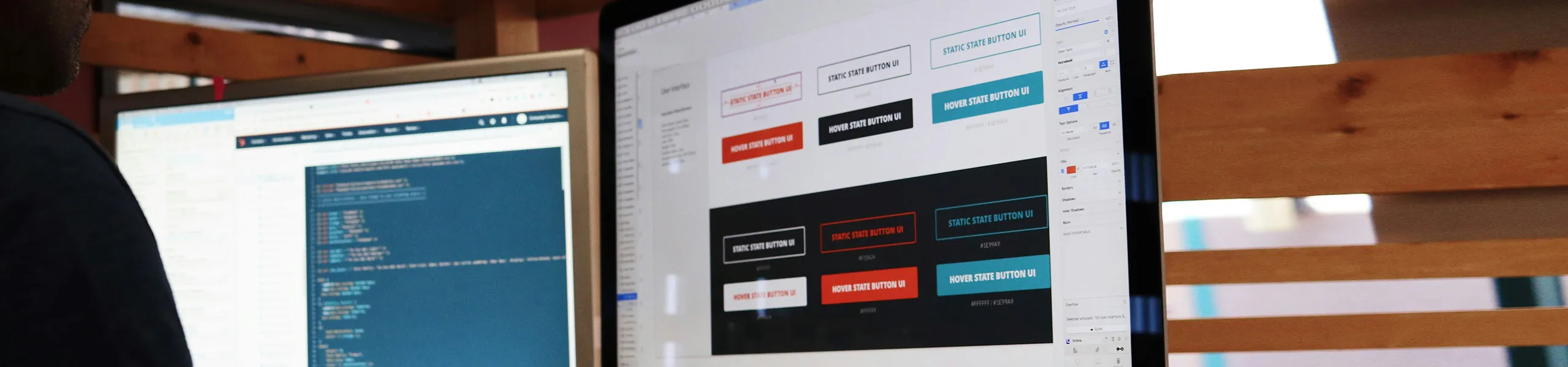 Custom WordPress Design service featured image_Male working with UI button hover state designs and coding on a dual monitor set up