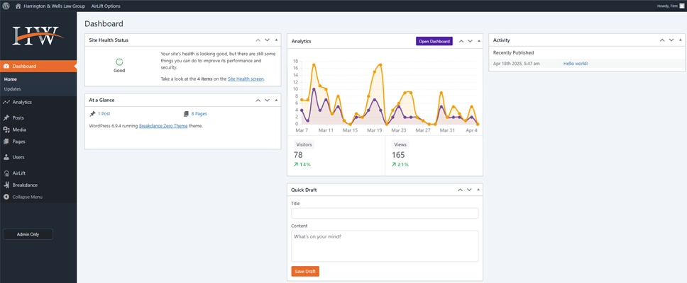 Custom WordPress Design service image_A custom designed WordPress admin Dashboard