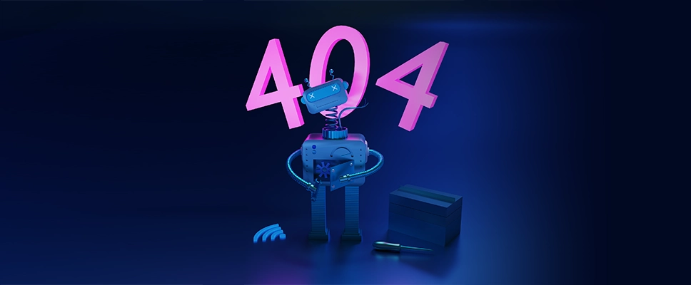 WordPress Help image_ a broken 3D robot repairing itself with a 404 error message behind it
